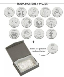 ARRAS PERSONALIZADAS BODA HOMBRE + MUJER · PLATA DE LEY + BANDEJA + ESTUCHE