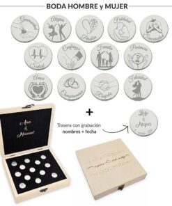 ARRAS PERSONALIZADAS BODA HOMBRE + MUJER · PLATA DE LEY + ESTUCHE MADERA