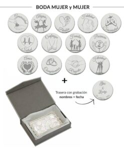 ARRAS PERSONALIZADAS BODA MUJER + MUJER · PLATA DE LEY + BANDEJA + ESTUCHE