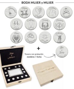 ARRAS PERSONALIZADAS BODA MUJER + MUJER · PLATA DE LEY + ESTUCHE MADERA + BANDEJA