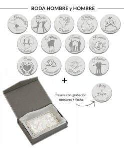 ARRAS PERSONALIZADAS BODA HOMBRE + HOMBRE · PLATA DE LEY + BANDEJA + ESTUCHE