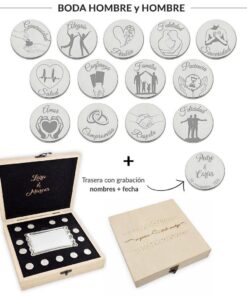 ARRAS PERSONALIZADAS BODA HOMBRE + HOMBRE · PLATA DE LEY + ESTUCHE MADERA + BANDEJA