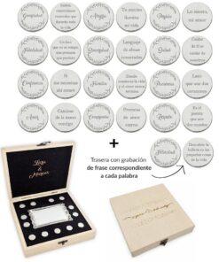 ARRAS PERSONALIZADAS PALABRA + FRASE · PLATA DE LEY + ESTUCHE MADERA + BANDEJA